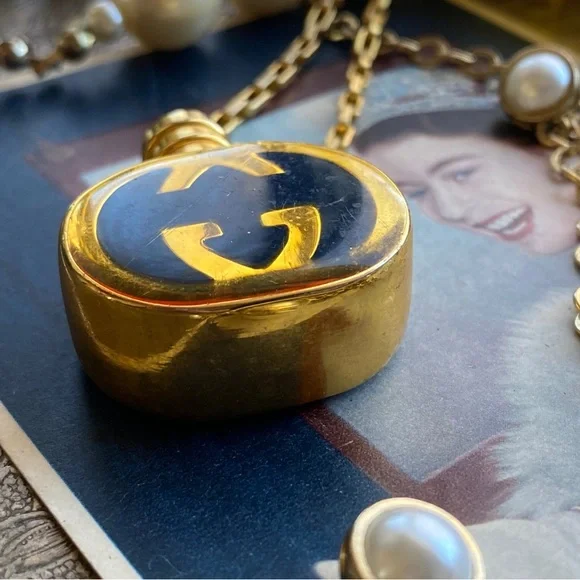 Rare Vintage GUCCI Perfume GG Pendant NECKLACE Statement Designer Jewelry